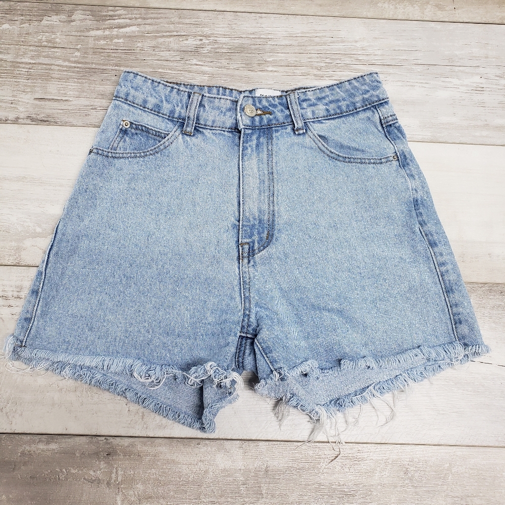 Princess Polly Denim Shorts High Rise Frayed Hem 3" Womens Sz. 4 Festival Cotton